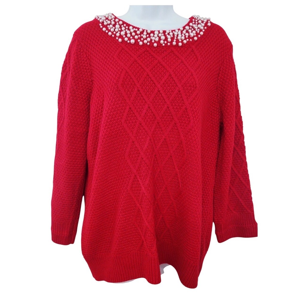 KARL LAGERFELD PARIS Red Cable Sweater SCATTERED FAUX PEARL NECKLINE Christmas M